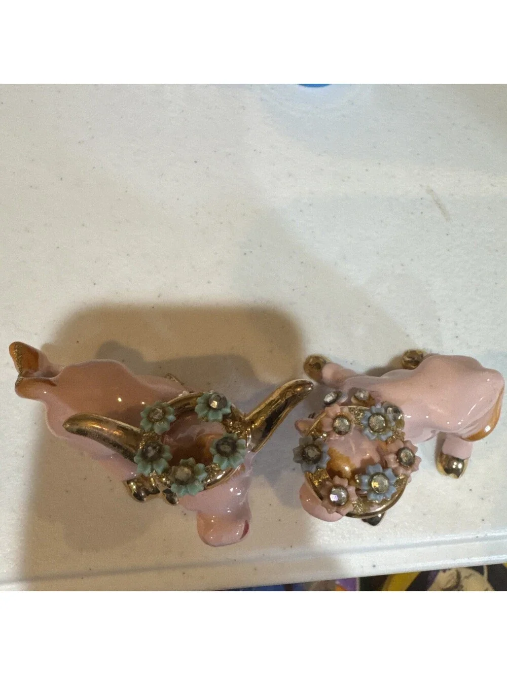 1950s pink and gold ceramic cow and bull salt and pepper shakers